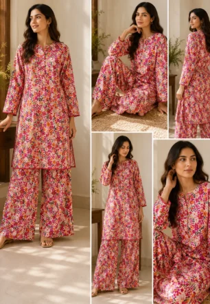 Women Pink print 2 piece Stitched Suit