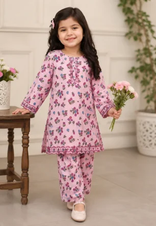 Pink floral 2 piece stitched suit