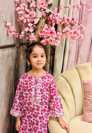 White Pink floral 2 piece stitched suit